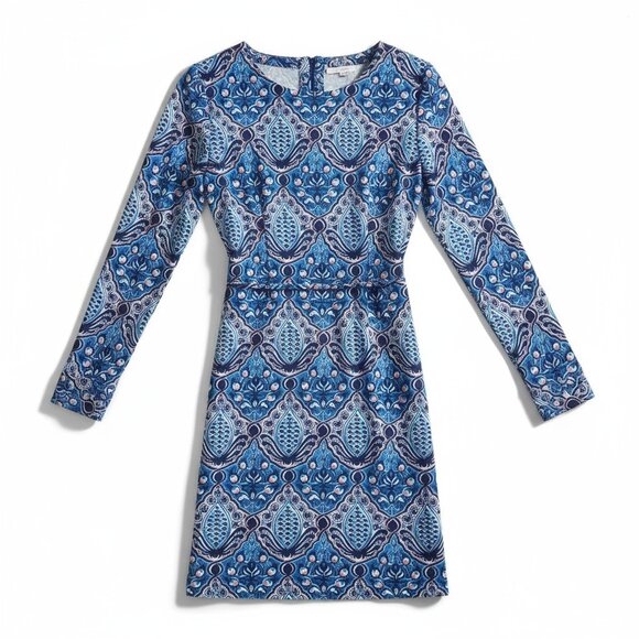 Ann Taylor LOFT Blue Pink Baroque Geometric Print Tie Waist Shift Dress X‎ Small - Picture 3 of 8